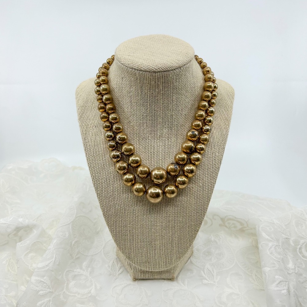 Vintage Brass Graduated Bead Layered Choker Collar Necklace Box Clasp Chunky